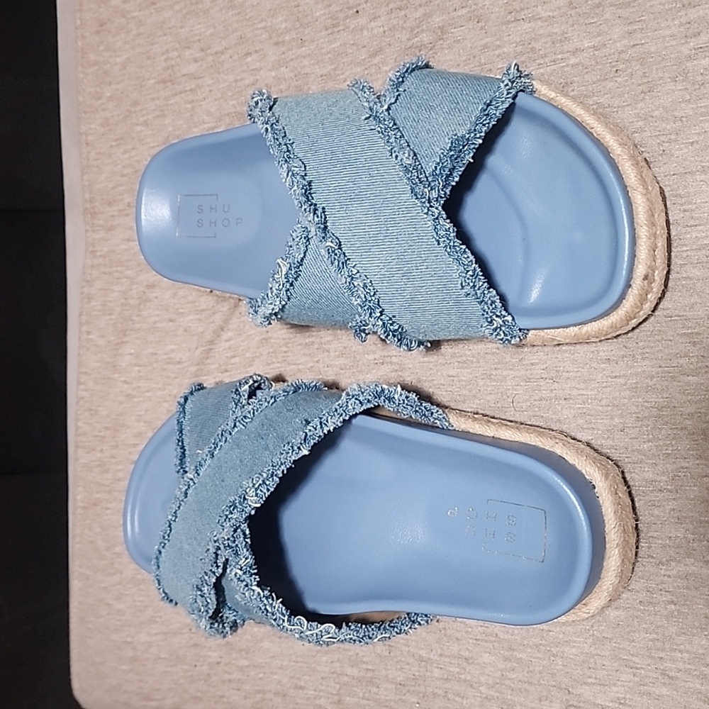 SHU SHOP Denim Blue Espadrille Slide Sandals 9 Frayed Criss Cross Straps Boho - Picture 13 of 14